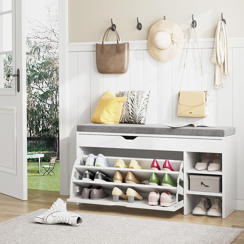 VOWNER Shoe Storage Bench with 3-Tier Flip Drawer & Padded Cushion, Shoe ...