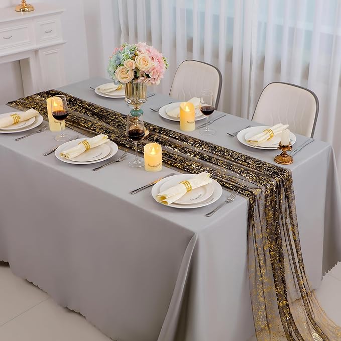 Snowkingdom 6 Pcs Black & Gold Cheesecloth Table Runner 10 FT, Sheer Chif...