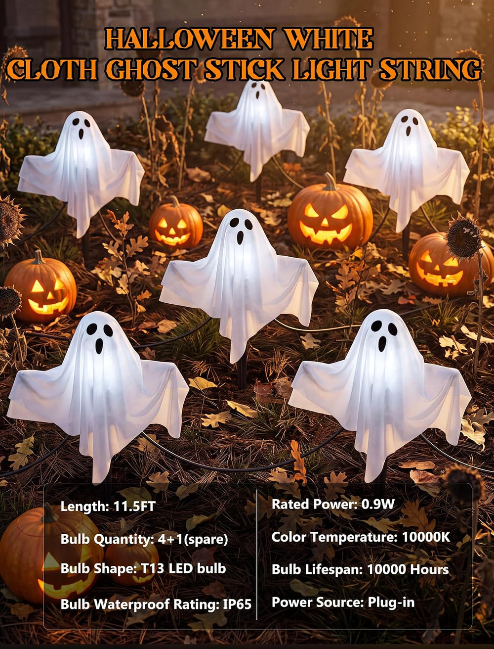 11.5FT Halloween Ghost Pathway Lights Outdoor, 4 Pack LED Lawn Stake Lights