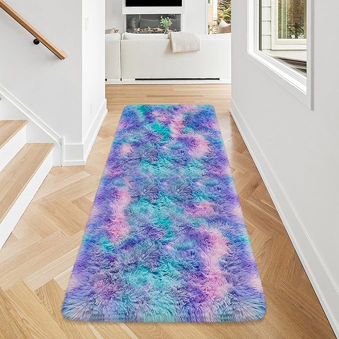 Super Soft Fluffy Living Room Area Rug 2x5 ft Purple Rainbow Tie-Dyed Shaggy - Image 2