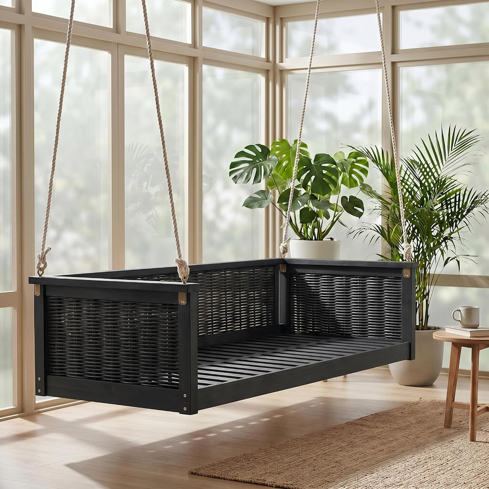 LUMISOL Twin Size Outdoor Porch Swing Bed, Solid Wood Rattan Swing Daybed Fra...