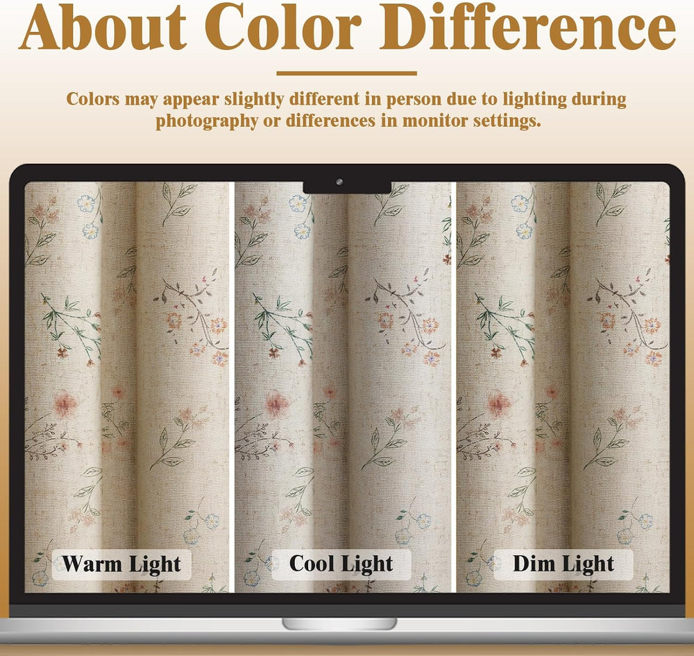 Boho Floral 100% Blackout Curtains 90 Inch 2 Panels Linen Texture