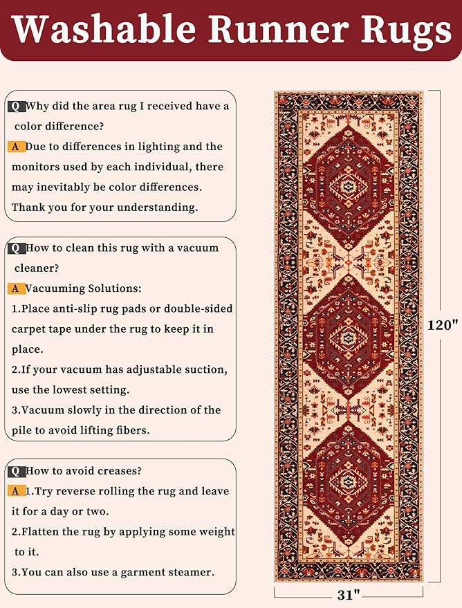 SERISSA Runner Rug for Hallways, Long Boho Rug Vintage Red Black Hallway Stair - Image 2