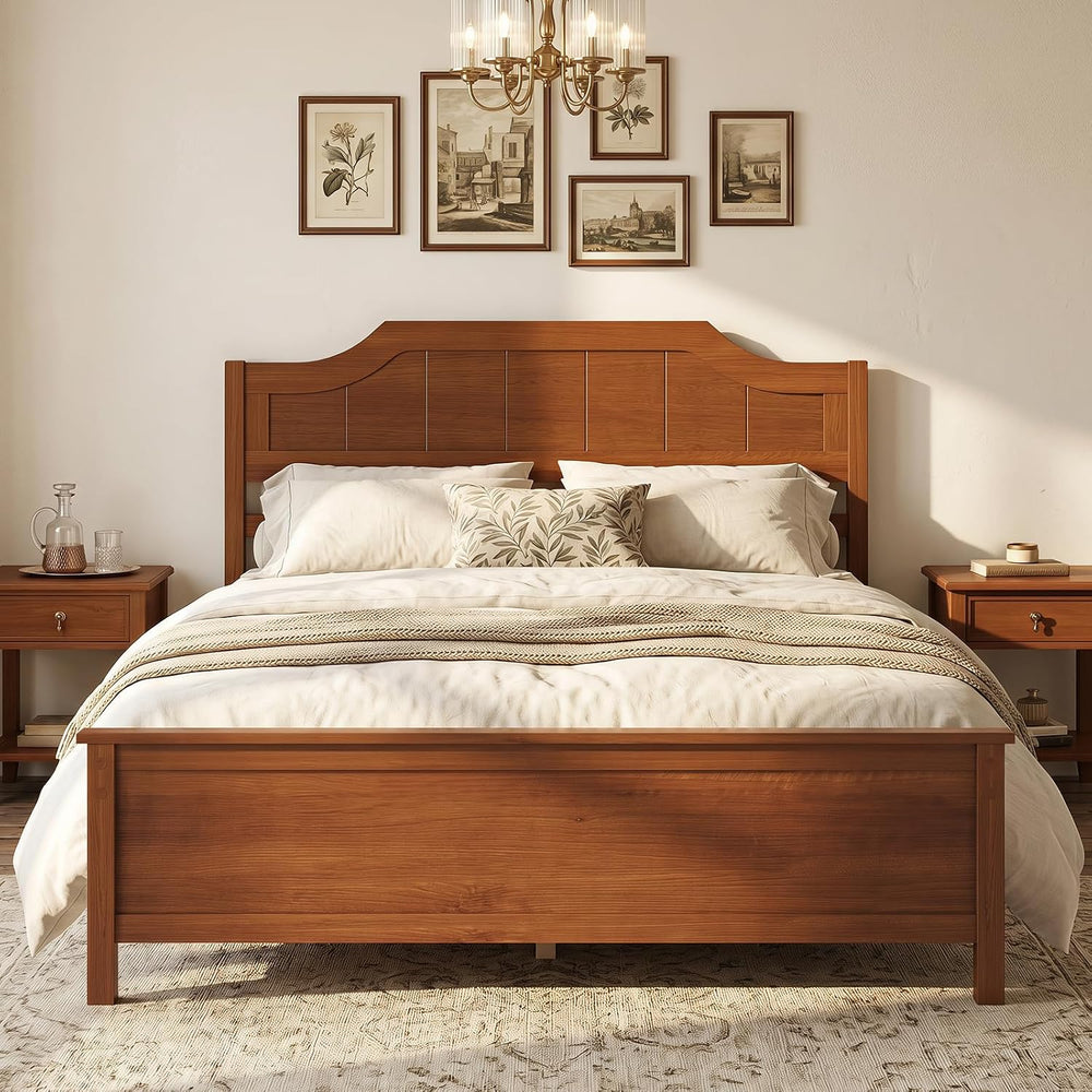 GIANTEX Full Size Wooden Bed Frame with Headboard, Wood Slat Support