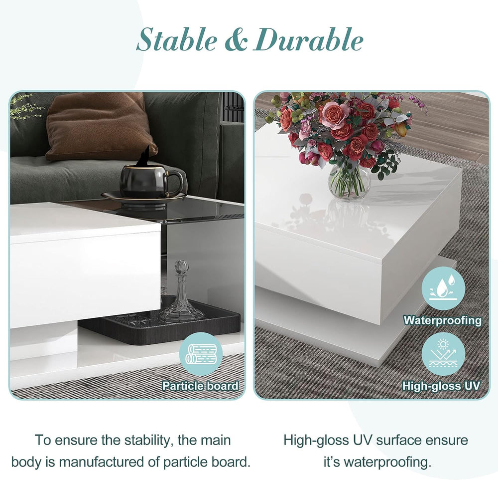 Modern Coffee Table with Tempered Glass, Wooden Cocktail Table with High-Glos...