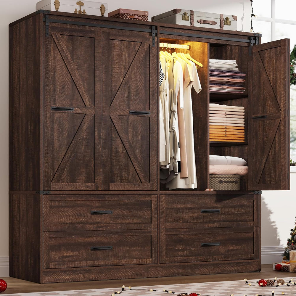Farmhouse 4 Doors Armoire Wardrobe Closet w/Folding Sliding Barn Door and Lig...