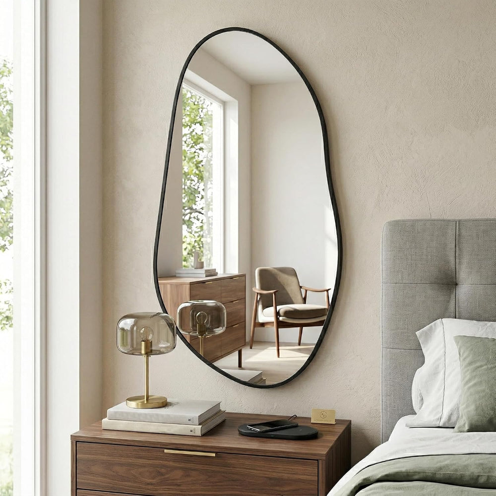 Matte Black 32x16.5 Inch Asymmetrical Organic Oval Wall Mirror