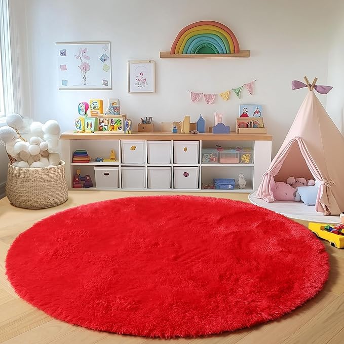 ONASAR Red Round Area Rug 4ft, Soft Bedroom Circle Rugs Floor Mat - Image 5