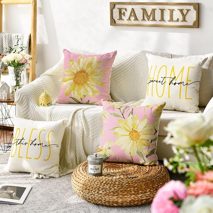 AVOIN colorlife Home Sweet Home Spring Summer Flowers Pink Throw Pillow Covers - Image 2