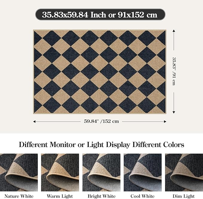 Lahome Colette Checkered Easy Jute 3x5 Outdoor Patio Rug, Washable Rugs - Image 2