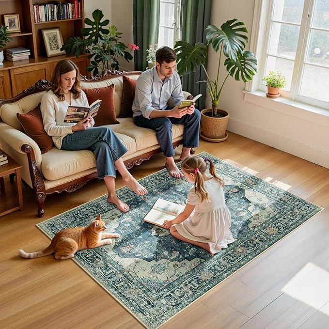 Area Rugs 4'x6' Washable Non-Slip, Floral Vintage Distress Print Pattern - Image 3