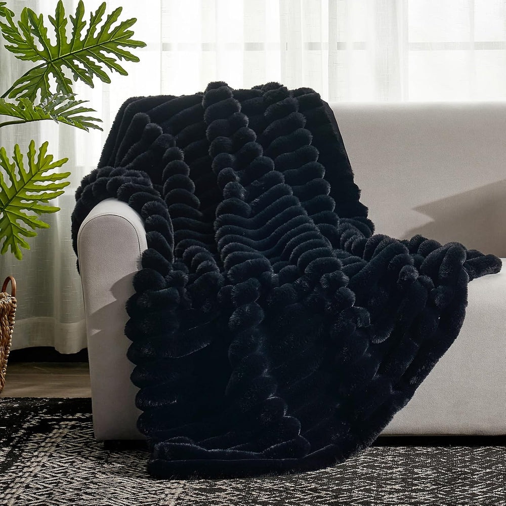 Cozy Bliss Faux Fur Throw Blanket for Couch, Cozy Warm Plush Striped Blanket ...