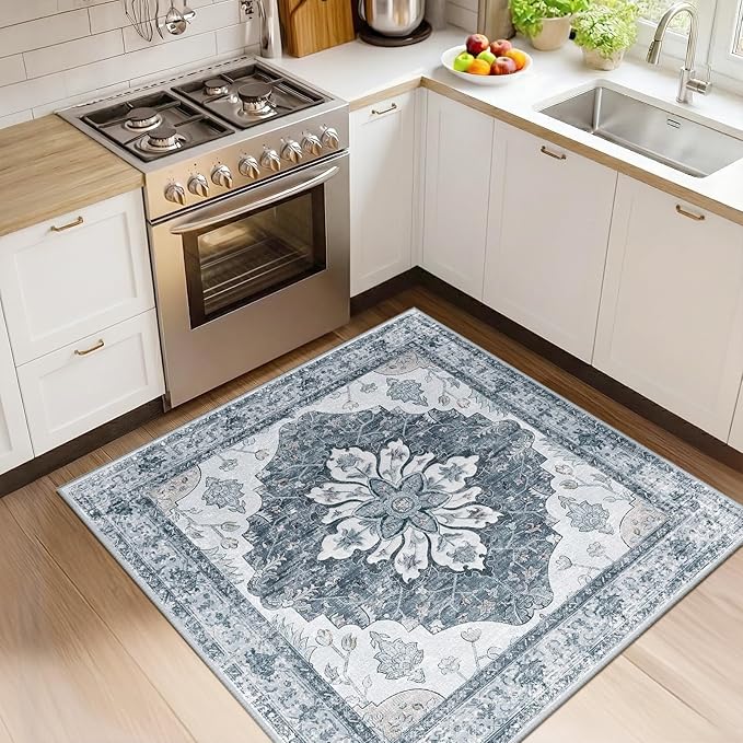 RELEANY Area Rugs Square 4ft Washable Non-Slip, Floral Vintage Distress Print by RELEANY