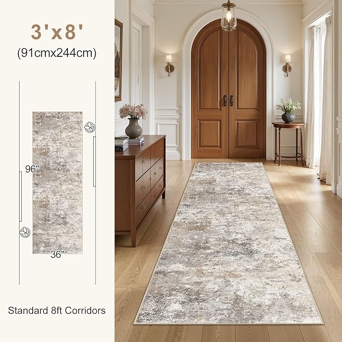 UERMEI 3X8 Washable Runner Rug for Hallway: Soft Neutral Modern Abstract Area - Image 3