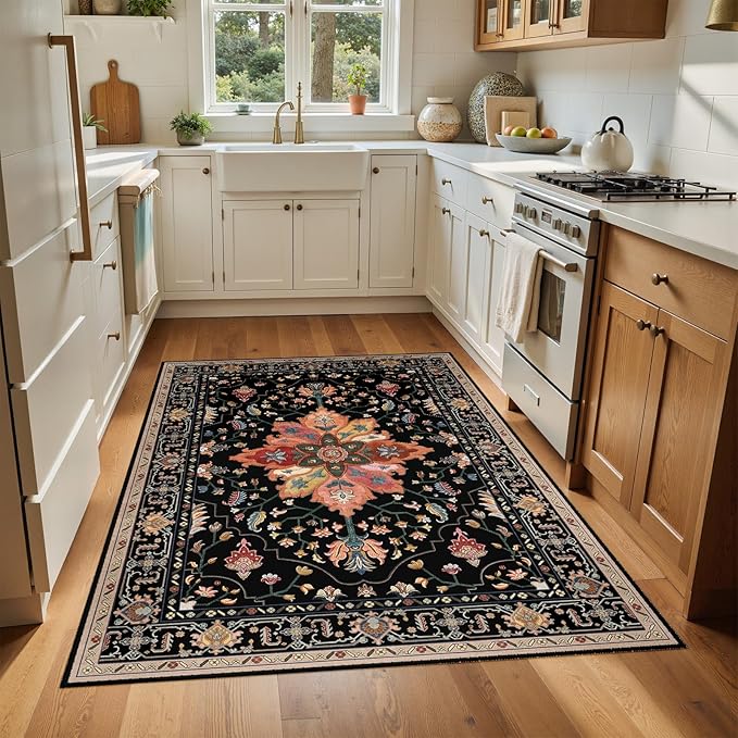 Area Rugs 4'x6' Washable Non-Slip, Floral Vintage Distress Print Pattern - Image 4