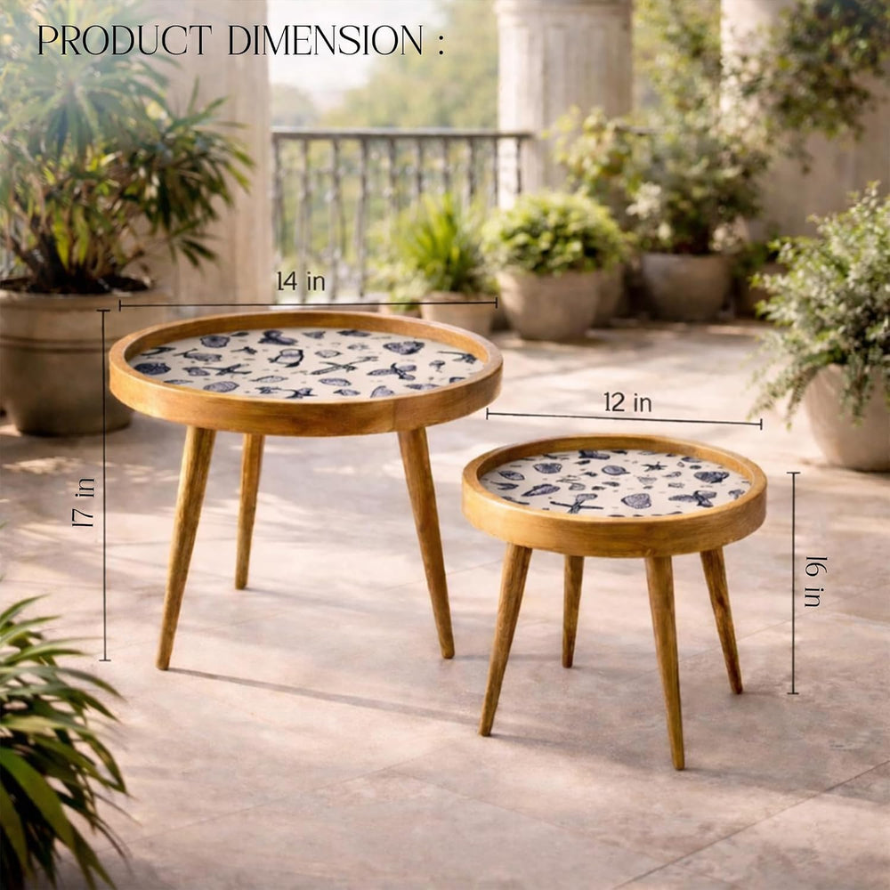 HOMORA Handcrafted Wooden Side Tables Set of 2 – Coastal Nautical Printed Top...