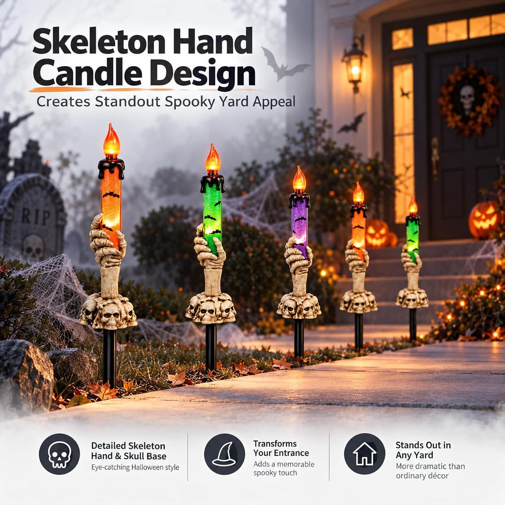 5-Pack Halloween Pathway Lights, Skeleton Hand Candle Yard Stakes