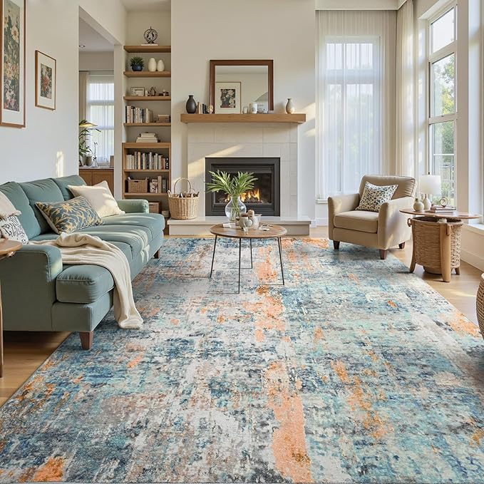 Ompaa Living Room Rug 6x9 Blue Area Rug Machine Washable Boho Rug Non Slip - Image 4
