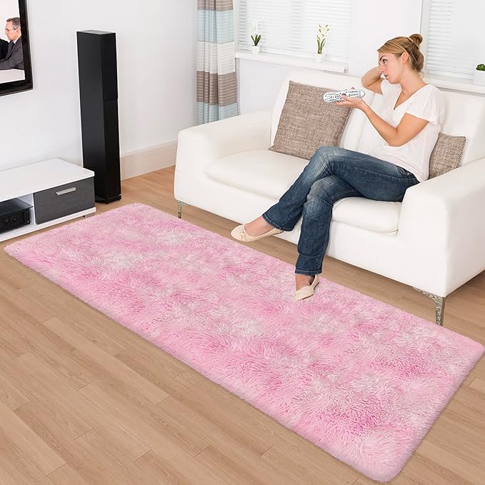 Super Soft Fluffy Living Room Area Rug 2x6 ft Tie-Dyed Light Pink Shaggy Furry - Image 2