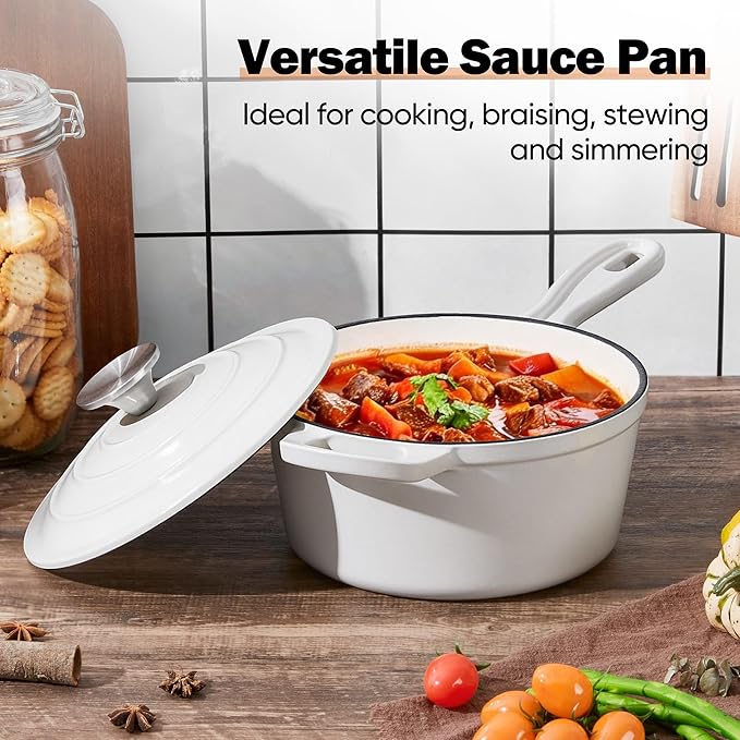 Homikit 3 Quart Saucepan with Lid, Enameled Cast Iron Saucepan