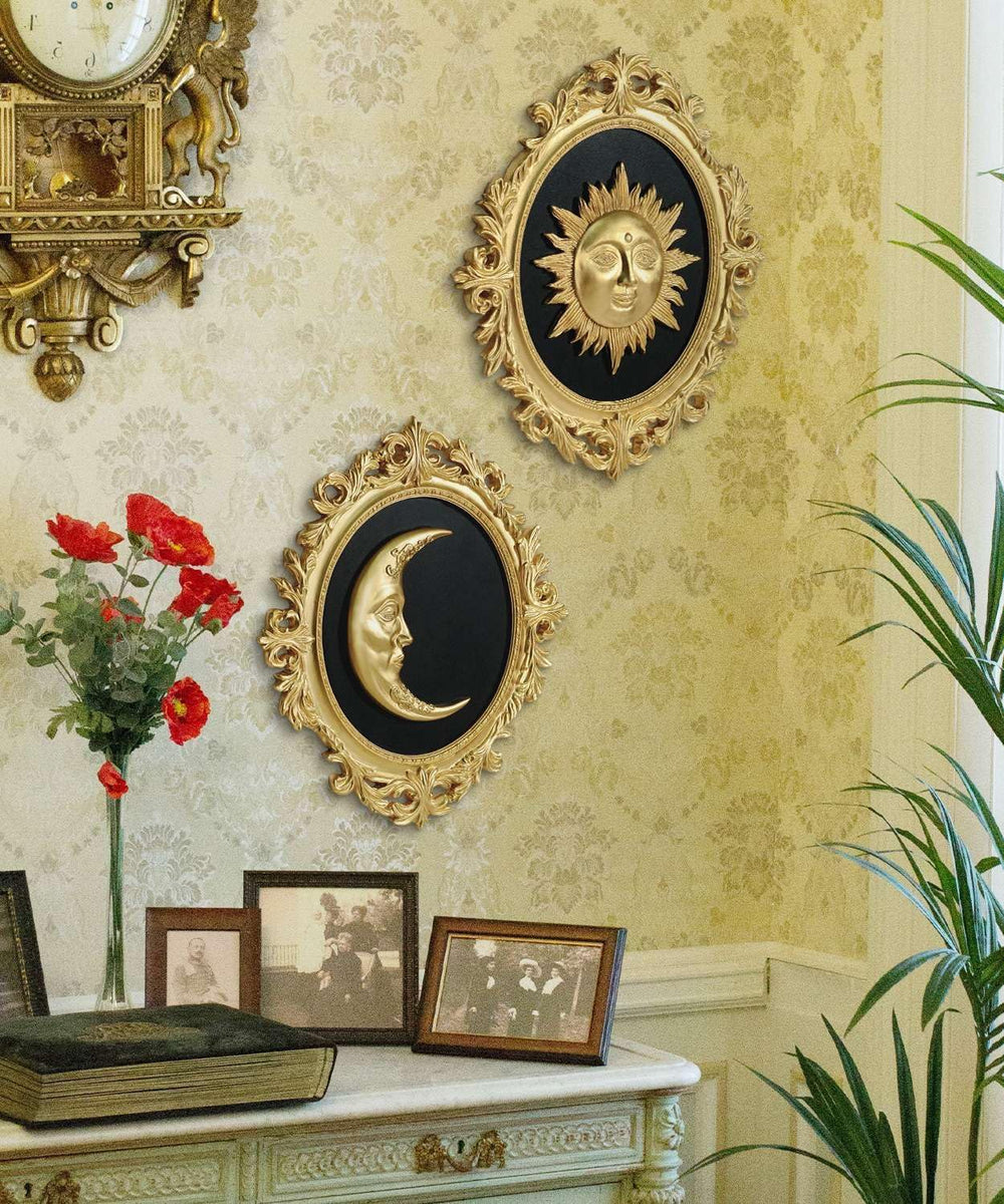 Putuo Decor Baroque Sun Moon Wall Decor Set, 2-Piece 3D Ovals Gold Resin Reli...
