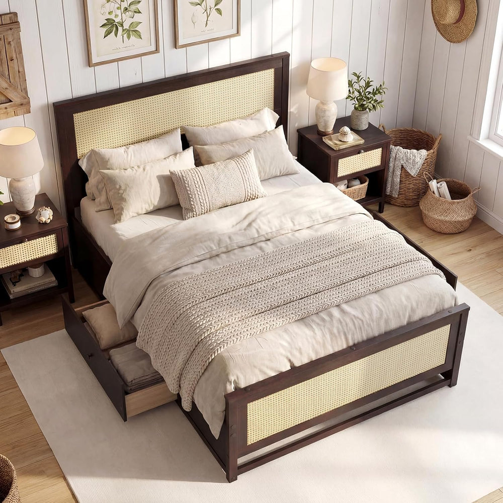 KOMFOTT Full Size Bed Frame with 2 Drawers, Rattan Bed Frame (Espresso)