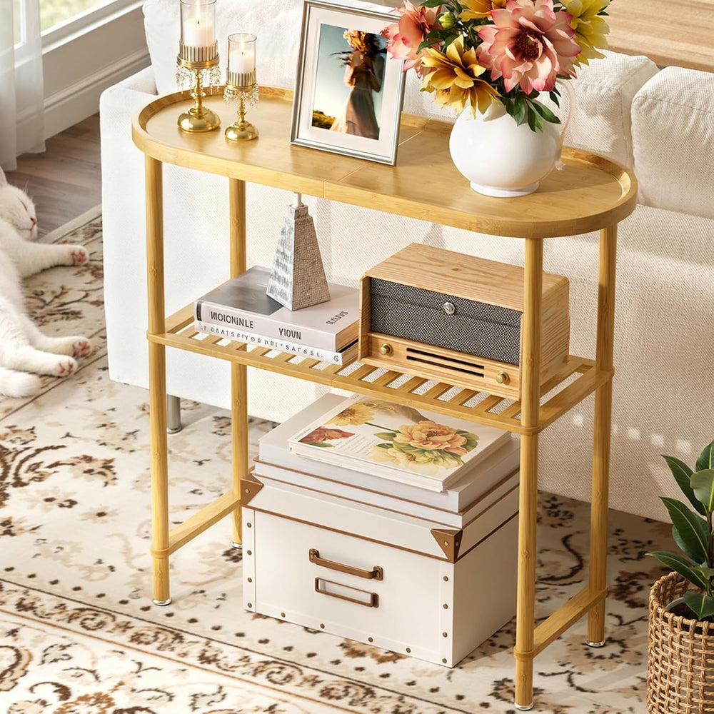 Small Entryway Table Bamboo 30.7", Narrow Hallway Table Oval Top 2-tier,...
