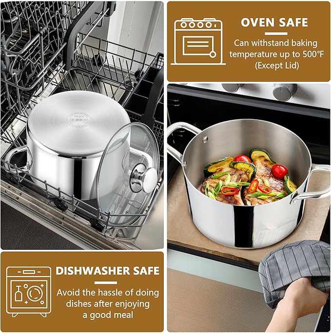 P&P CHEF 8 Quart Tri-Ply Stainless Steel Stock Pot, 8 Qt Stockpot Pasta Cooking - Image 7