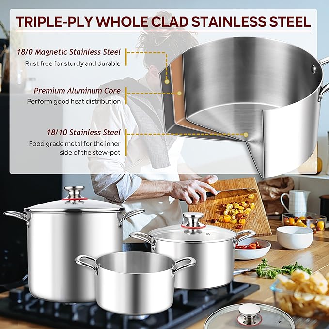 E-far 5 Quart Stock Pot with Lid, 18/10 Tri-ply Stainless Steel Stockpot - Image 3