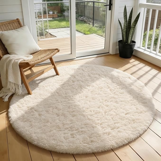 Ophanie Round Rug 3Ft Ivory Circle Area Rugs, Fluffy Fuzzy Small Bedroom Carpet by Ophanie
