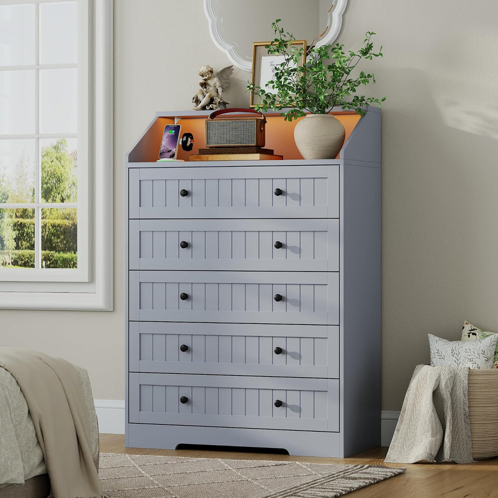 Gray 5 Drawers Dresser for Bedroom with Charging Station & LED Light