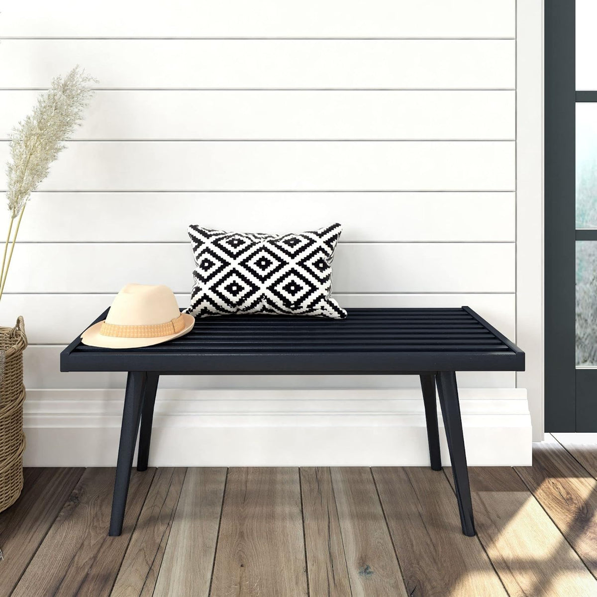 Plank+Beam Rectangular Entryway Bench, Mid-Century Modern, 41.25", Black