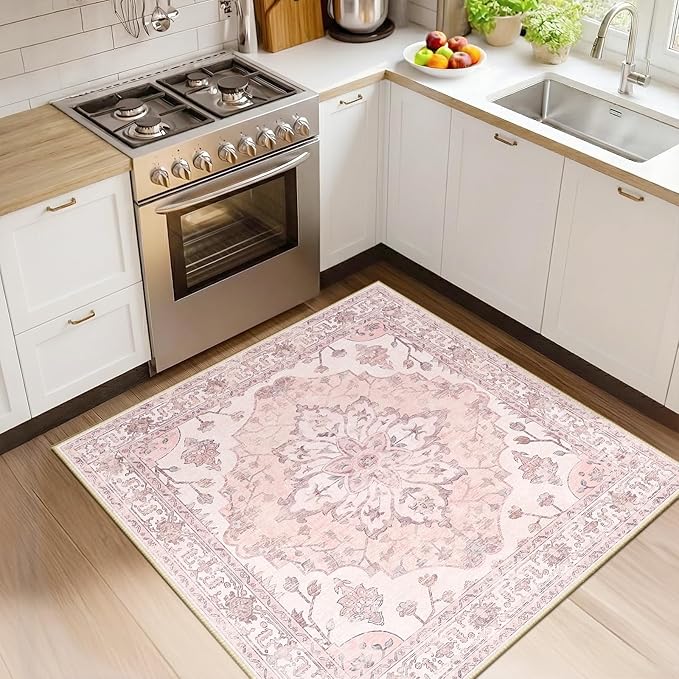 RELEANY Area Rugs Square 4ft Washable Non-Slip, Floral Vintage Distress Print by RELEANY