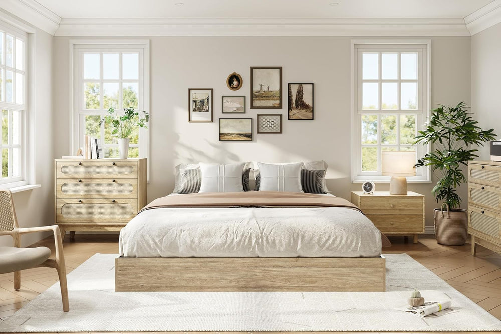 Queen Size Wooden Platform Bed Frame, Floor-Standing Bed Frame with Wood Slat...