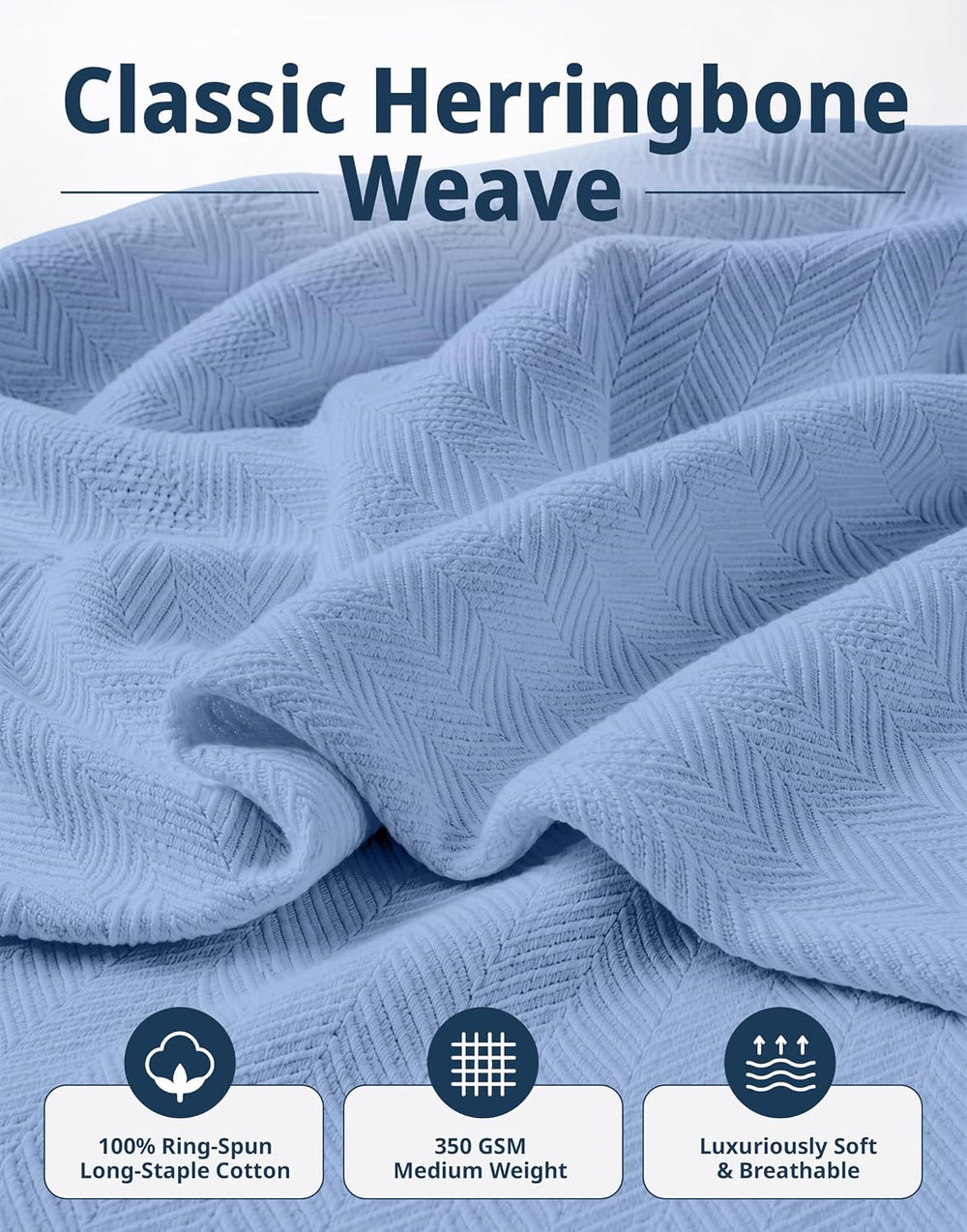 LANE LINEN Blankets Queen Size, 100% Cotton Textured Herringbone Weave