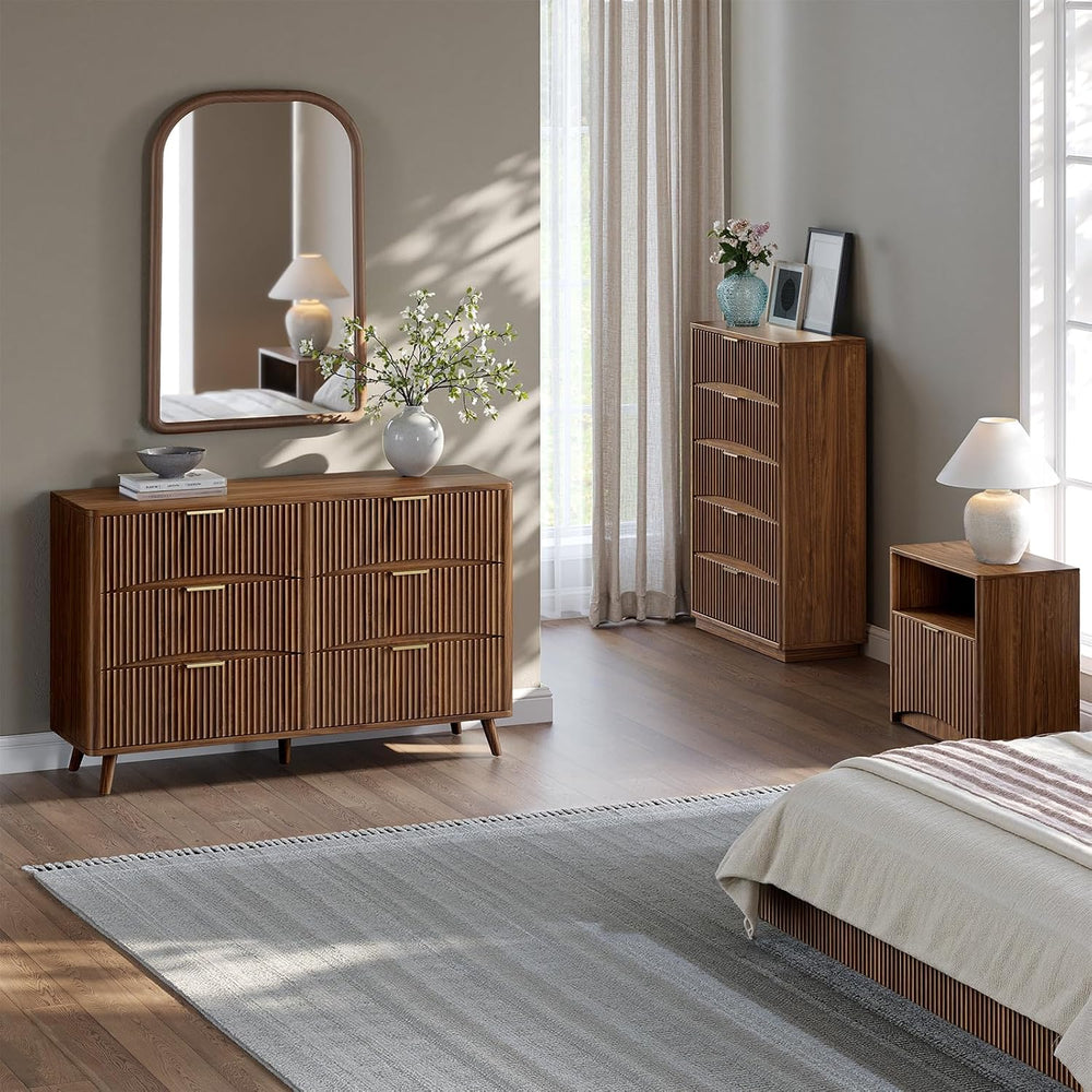 Evermagin 54" Curved Fluted 6-Drawer Dresser, Mid-Century Modern Walnut