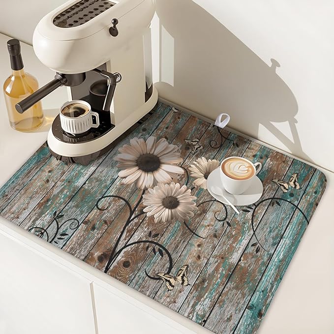 Dish Drying Mat for Kitchen Counter 18 x 24 Inch Rustic Vintage Daisy Floral - Image 7