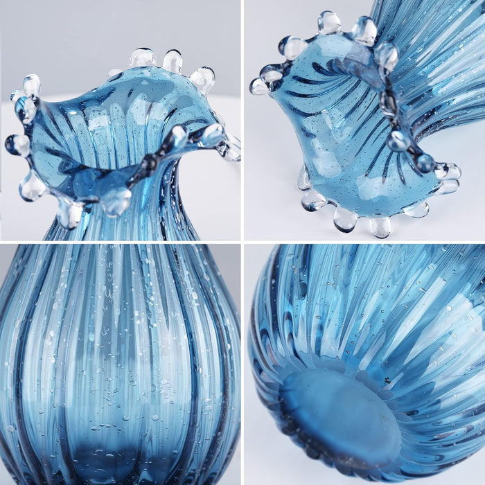Hand Blown Glass vase, Unique Blue Glass vase, Modern Art Decor, Suitable for Living Room Coffee Tables, Wedding centerpieces, Dining Tables, and Office Centerpiece Floral Arrangements