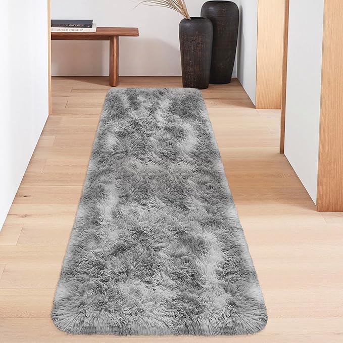 Super Soft Fluffy Living Room Area Rug 2x6 ft Tie-Dyed Light Grey Shaggy Furry - Image 2
