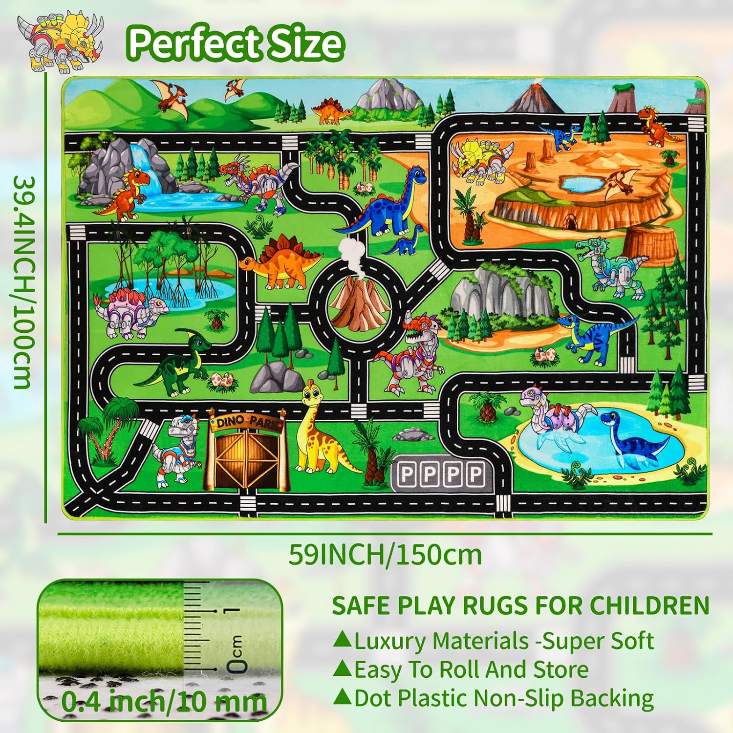 Kids Dinosaur Rug for Playroom 59" x 39.4", Dino Road Play Mat with Car Tracks, Educational Toddler Play Rug for Boys Bedroom, Robot Dinosaur Park Carpet for Toy Cars, Nursery, Classroom