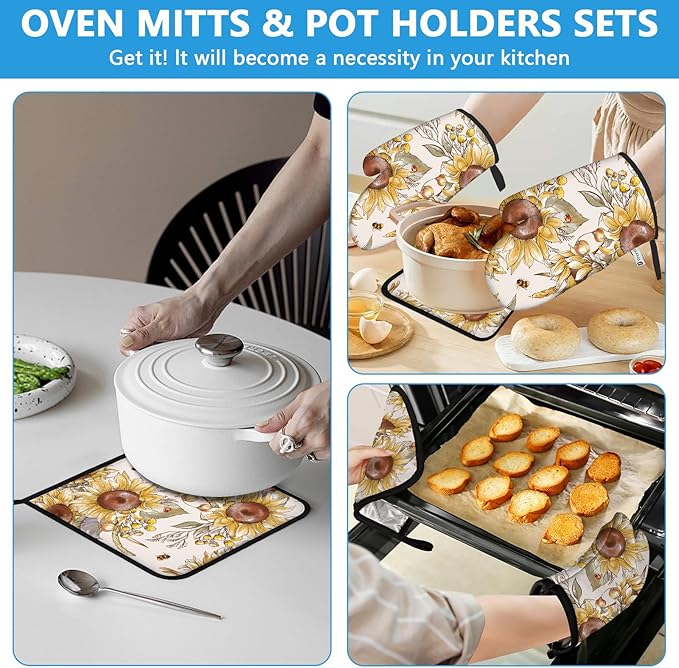 Watercolor Sunflower Oven Mitts and Pot Holders Sets Heat Resistant 4Pcs - Image 6