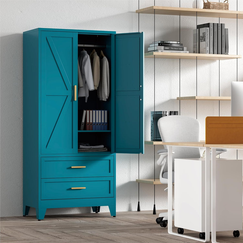 71'' Farmhouse Metal Wardrobe Cabinet with Hanging Rod, 2 Barn Door W...