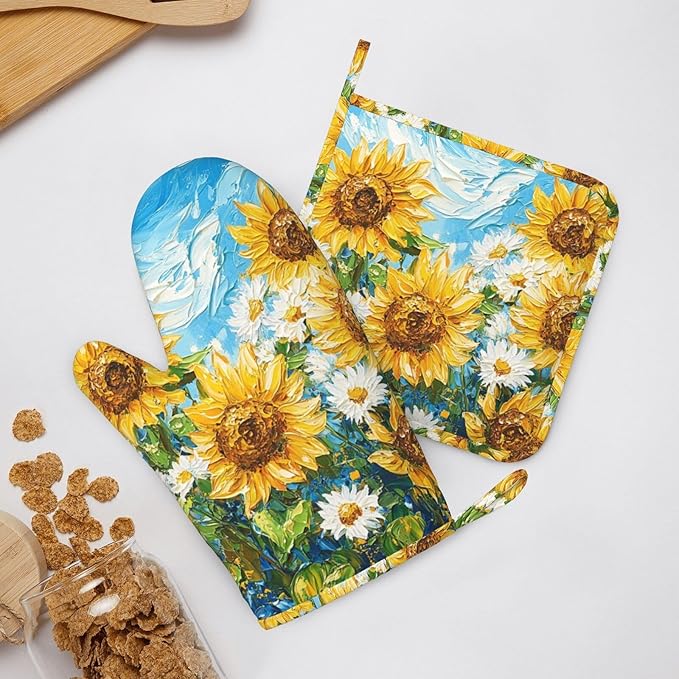 Oven Mitts and Pot Holders Sunflower Daisy Flower Art Silicone Kitchen - Image 8