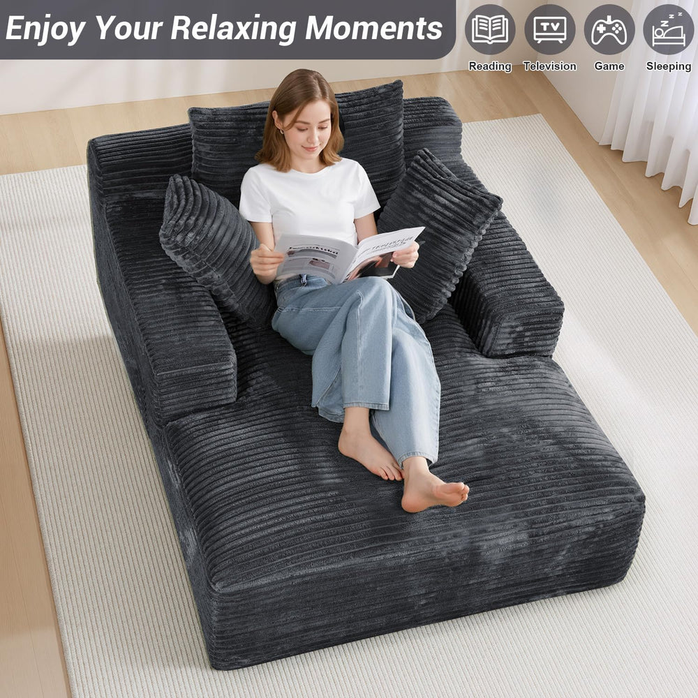 50" x 68" Corduroy Chaise Lounge, Boneless Sofa Bed, Dark Gray | Ov...