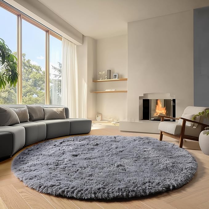ONASAR Grey Round Rugs 7ft for Living Room, Fluffy Bedroom Circle Area Rug by ONASAR