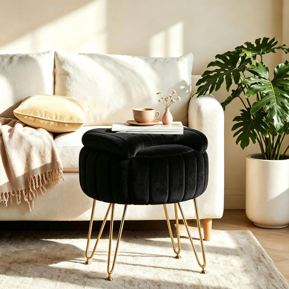Garvee Vanity Stool Chair with Storage, Folding Back,Faux Fur,Black,Small
