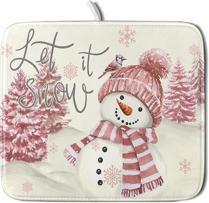 Giwawa Pink Snowman Dish Drying Mat Xmas Trees Bird Winter Snowy Scene Dish by Giwawa
