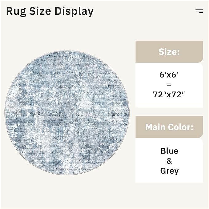 6x6 Blue/Grey Round Rug 6ft Living Room Circle Rug Vintage Round Area Rug Non - Image 5