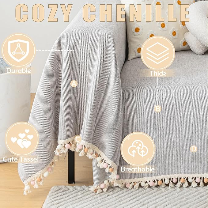 HANDONTIME Grey Sofa Cover for Couch Boho Couch Cover for 3 Seat Couches Dog - Image 2