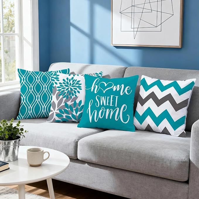 Hexagram Geometric Teal Pillow Covers 16x16 Set of 4, Decorative Outdoor Boho - Image 7